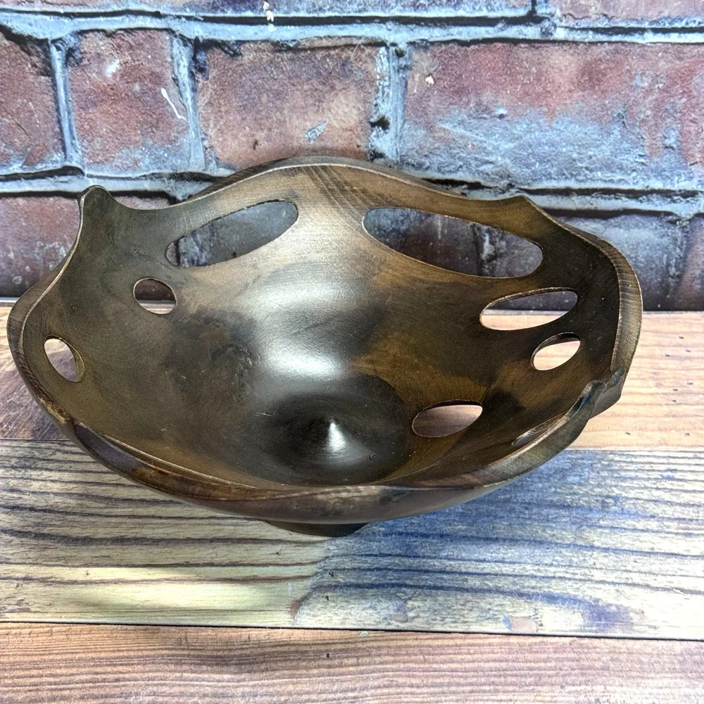 Vtg Artisan Hardwood Wood Carved‎ Fruit Bowl MCM Organic Freeflow Naturalism